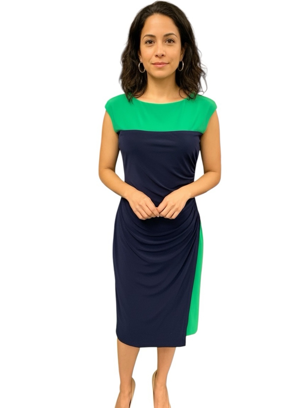 Chaps Navy and Green Colorblock Cap-Sleeve Midi Dress Size M